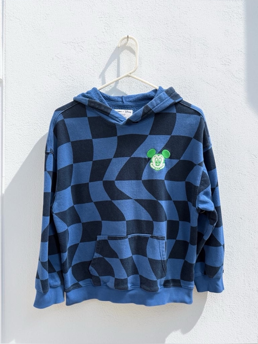 Old Navy Blue and Navy Checkered Kids Hoodie with Green Patch